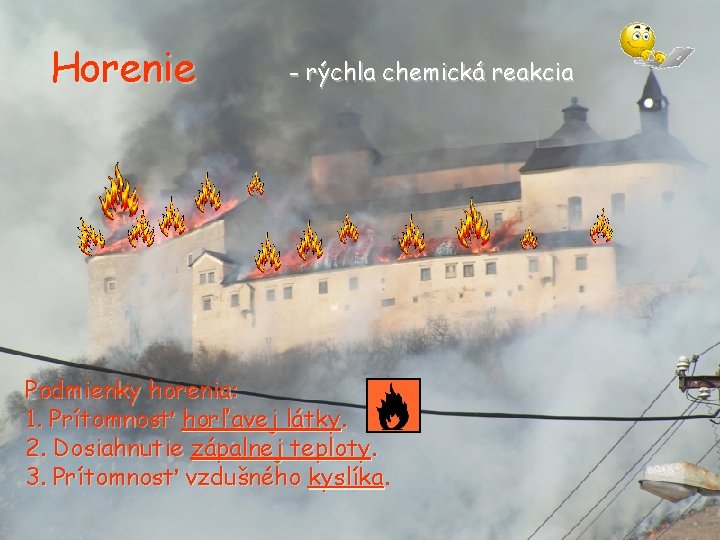 Horenie - rýchla chemická reakcia Podmienky horenia: 1. Prítomnosť horľavej látky. 2. Dosiahnutie zápalnej