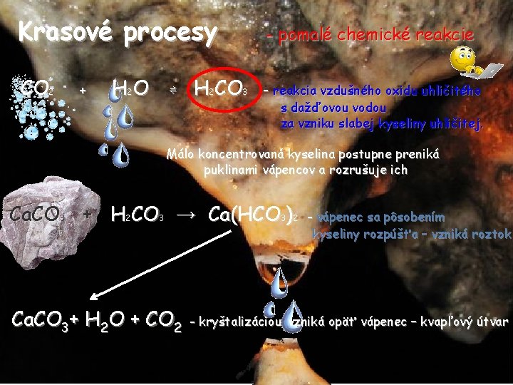 Krasové procesy - pomalé chemické reakcie CO 2 - reakcia vzdušného oxidu uhličitého +