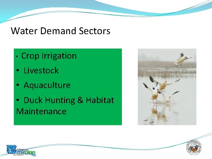 Water Demand Sectors • Crop Irrigation • Livestock • Aquaculture • Duck Hunting &