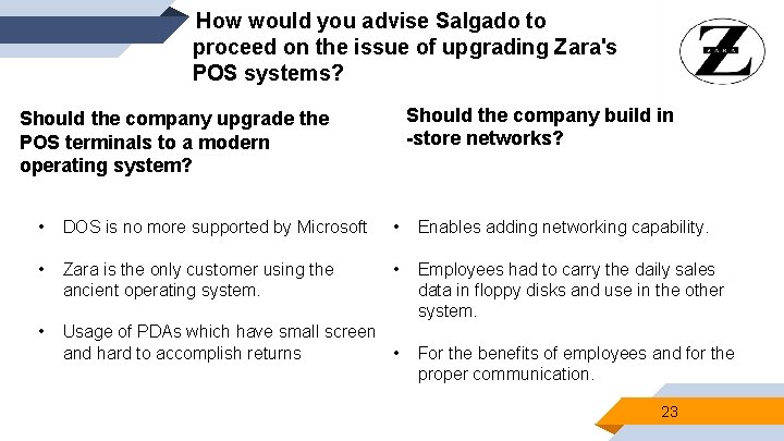 How would you advise Salgado to proceed on the issue of upgrading Zara's POS How would you advise Salgado to proceed on the issue of upgrading Zara's POS