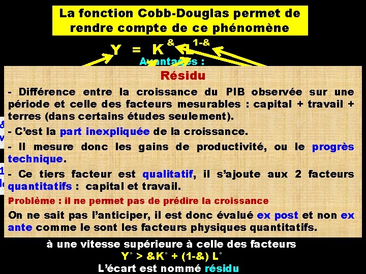 La fonction Cobb Douglas permet de rendre compte de ce phénomène Y = K