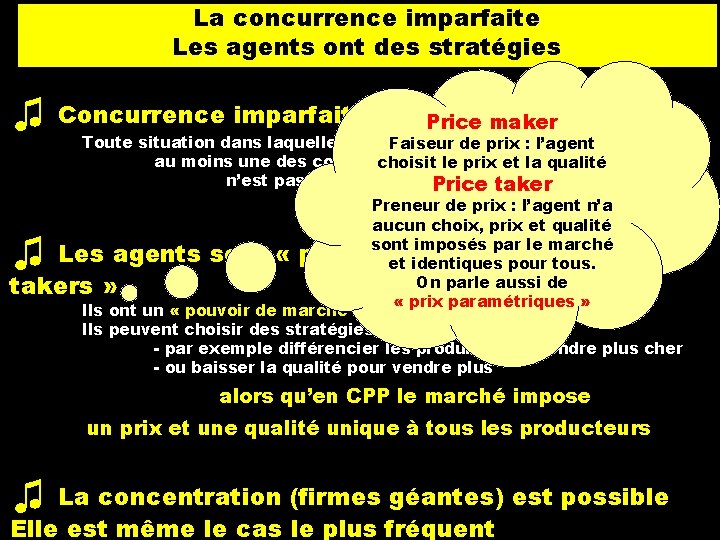 La concurrence imparfaite Les agents ont des stratégies ♫ Concurrence imparfaite Price maker Toute