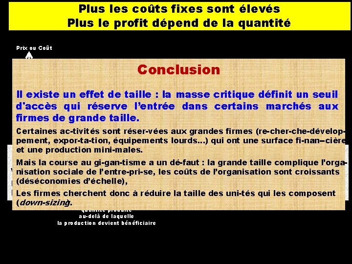 Plus les coûts fixes sont élevés Plus le profit dépend de la quantité Prix