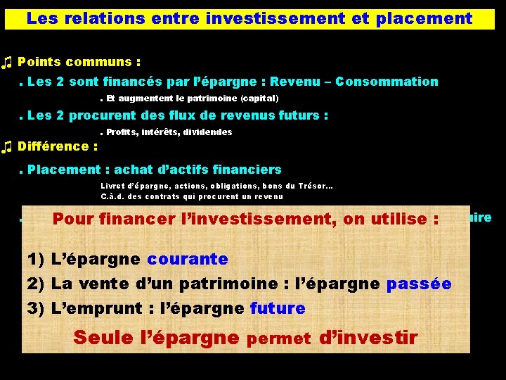 Les relations entre investissement et placement ♫ Points communs : . Les 2 sont