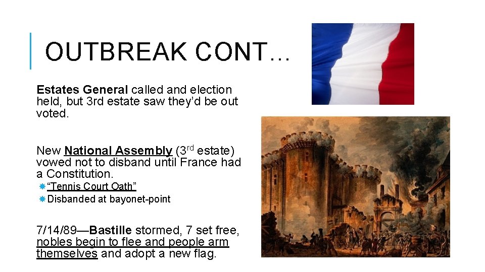 OUTBREAK CONT… Estates General called and election held, but 3 rd estate saw they’d