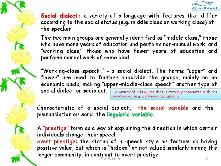 Social dialect: a variety of a language with features that differ according to the