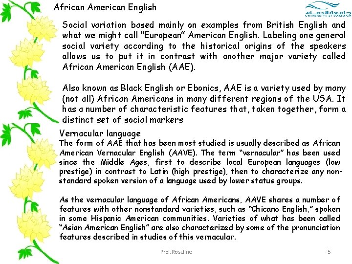 African American English Social variation based mainly on examples from British English and what