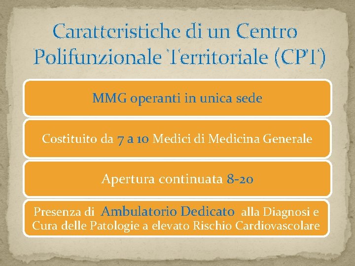 Caratteristiche di un Centro Polifunzionale Territoriale (CPT) MMG operanti in unica sede Costituito da Caratteristiche di un Centro Polifunzionale Territoriale (CPT) MMG operanti in unica sede Costituito da