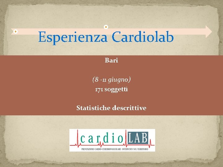 Esperienza Cardiolab Bari (8 -11 giugno) 171 soggetti Statistiche descrittive Esperienza Cardiolab Bari (8 -11 giugno) 171 soggetti Statistiche descrittive