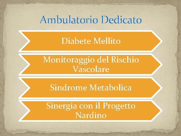 Ambulatorio Dedicato Diabete Mellito Monitoraggio del Rischio Vascolare Sindrome Metabolica Sinergia con il Progetto Ambulatorio Dedicato Diabete Mellito Monitoraggio del Rischio Vascolare Sindrome Metabolica Sinergia con il Progetto