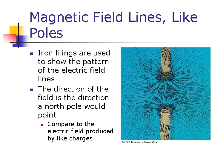 Magnetic Field Lines, Like Poles n n Iron filings are used to show the