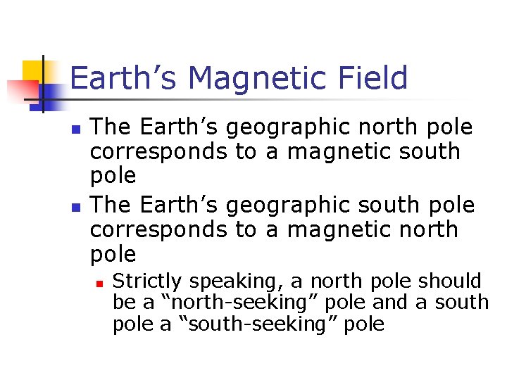 Earth’s Magnetic Field n n The Earth’s geographic north pole corresponds to a magnetic