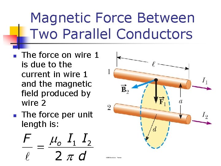 Magnetic Force Between Two Parallel Conductors n n The force on wire 1 is