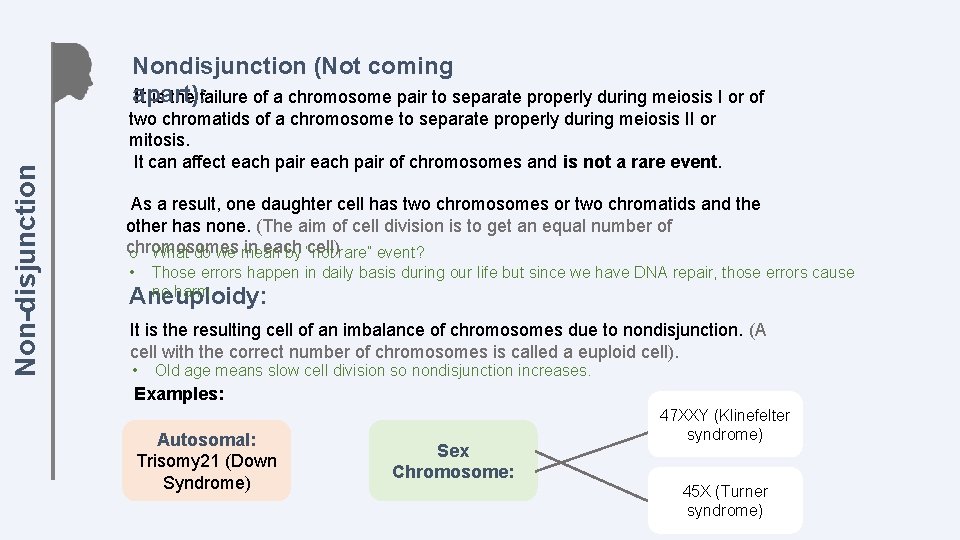 Non-disjunction Nondisjunction (Not coming apart): It is the failure of a chromosome pair to