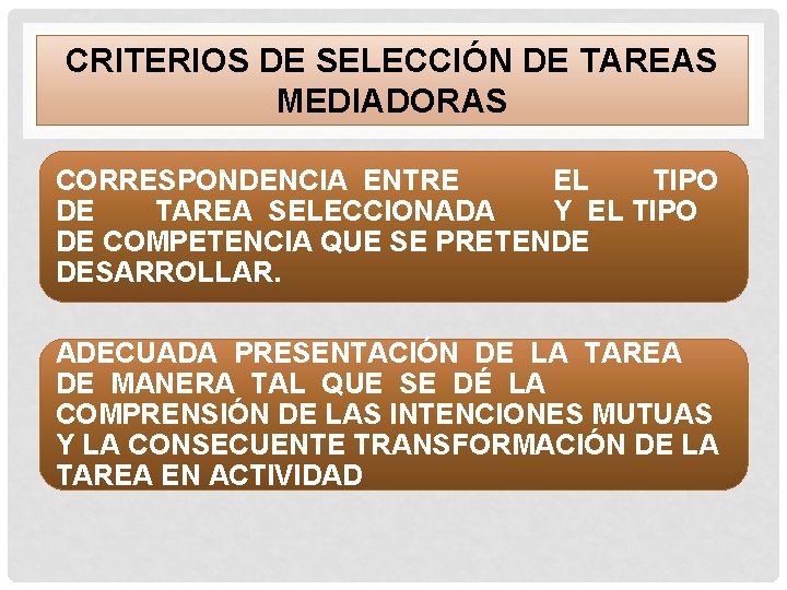  CRITERIOS DE SELECCIÓN DE TAREAS MEDIADORAS CORRESPONDENCIA ENTRE EL TIPO DE TAREA SELECCIONADA