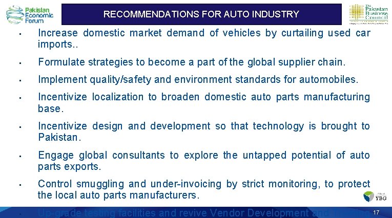 RECOMMENDATIONS FOR AUTO INDUSTRY • Increase domestic market demand of vehicles by curtailing used