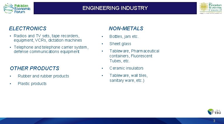 ENGINEERING INDUSTRY Engineering Industry ELECTRONICS NON-METALS • Radios and TV sets, tape recorders, equipment,