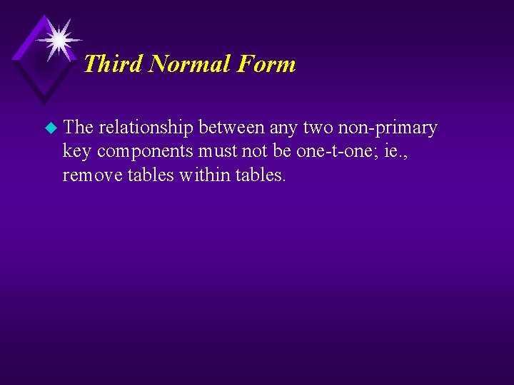 Third Normal Form u The relationship between any two non-primary key components must not