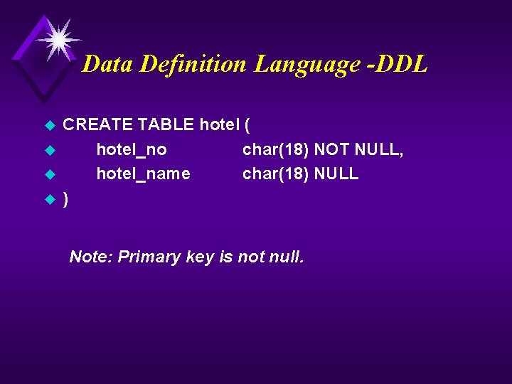 Data Definition Language -DDL u u CREATE TABLE hotel ( hotel_no char(18) NOT NULL,