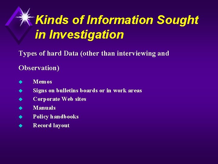 Kinds of Information Sought in Investigation Types of hard Data (other than interviewing and