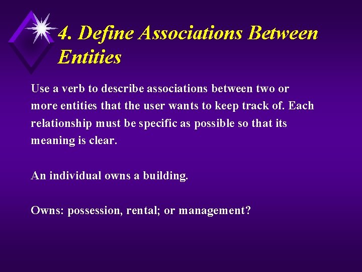 4. Define Associations Between Entities Use a verb to describe associations between two or