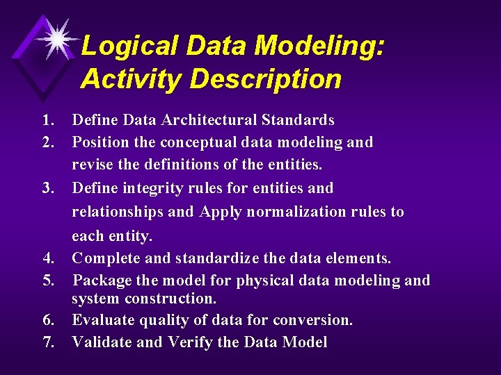 Logical Data Modeling: Activity Description 1. Define Data Architectural Standards 2. Position the conceptual