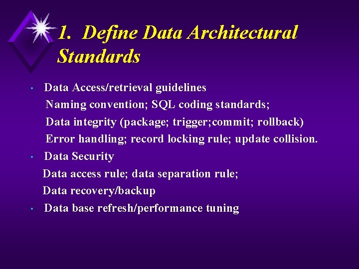 1. Define Data Architectural Standards Data Access/retrieval guidelines Naming convention; SQL coding standards; Data