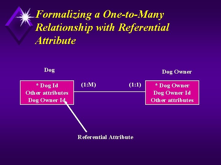 Formalizing a One-to-Many Relationship with Referential Attribute Dog * Dog Id Other attributes Dog