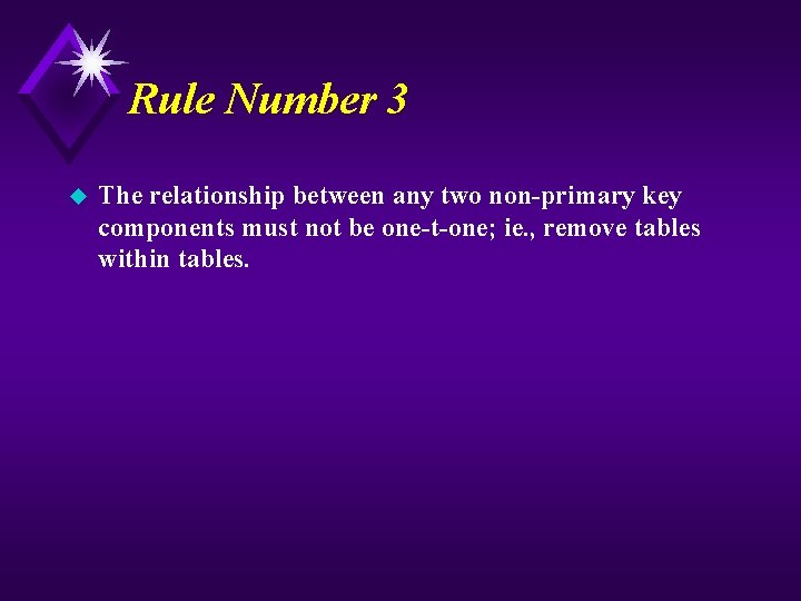 Rule Number 3 u The relationship between any two non-primary key components must not