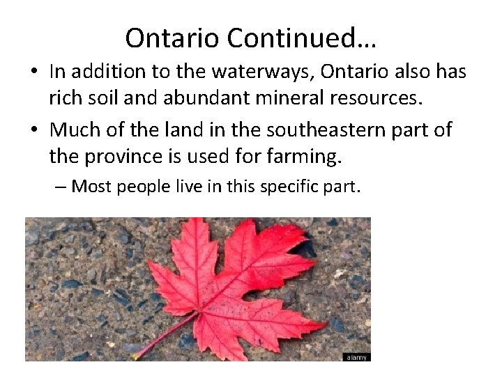 Ontario Continued… • In addition to the waterways, Ontario also has rich soil and