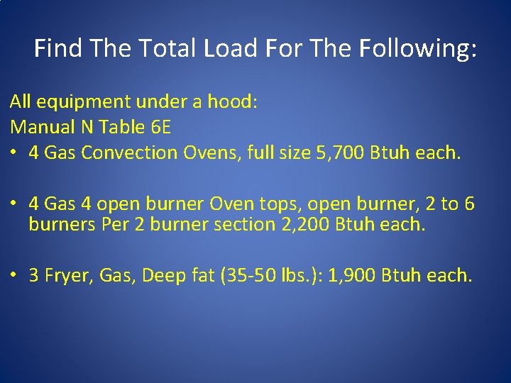 Find The Total Load For The Following: All equipment under a hood: Manual N