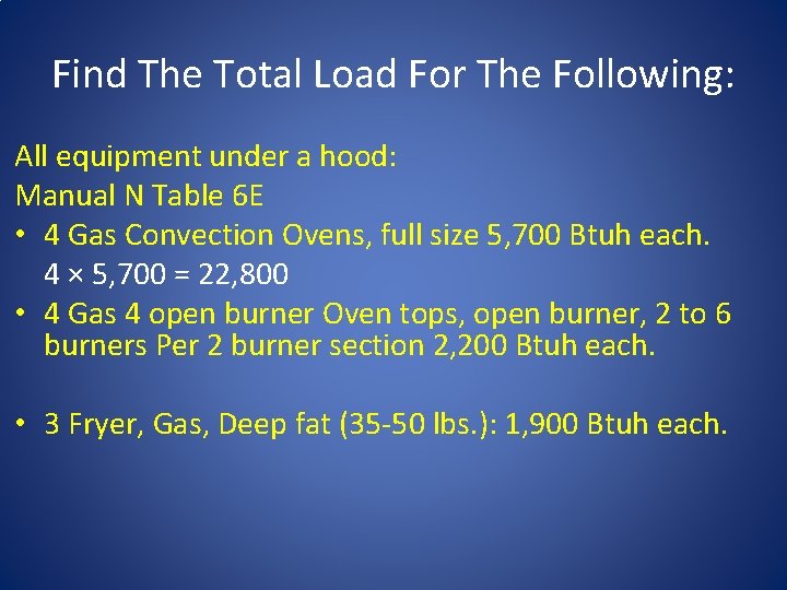 Find The Total Load For The Following: All equipment under a hood: Manual N