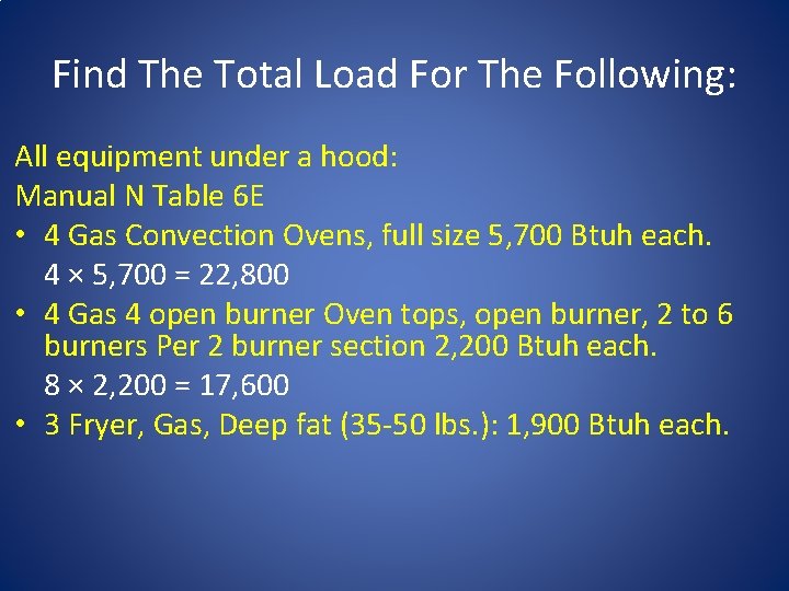 Find The Total Load For The Following: All equipment under a hood: Manual N