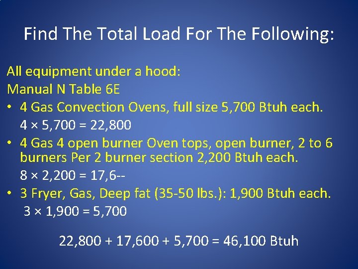 Find The Total Load For The Following: All equipment under a hood: Manual N