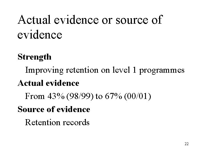 Actual evidence or source of evidence Strength Improving retention on level 1 programmes Actual