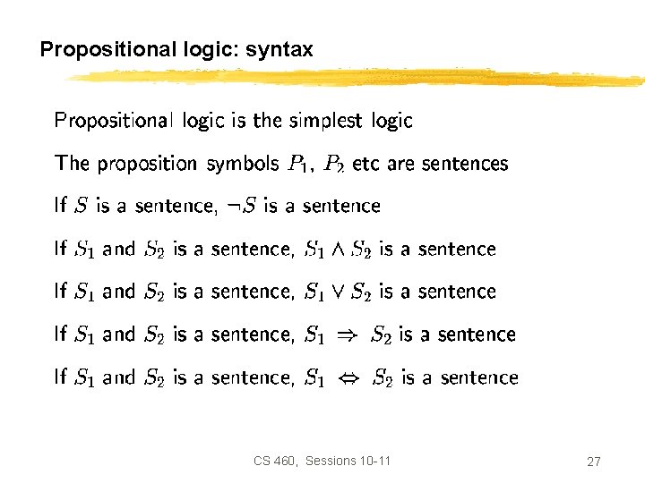Propositional logic: syntax CS 460, Sessions 10 -11 27 