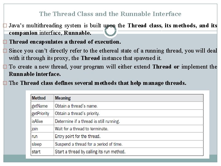 The Thread Class and the Runnable Interface � Java’s multithreading system is built upon