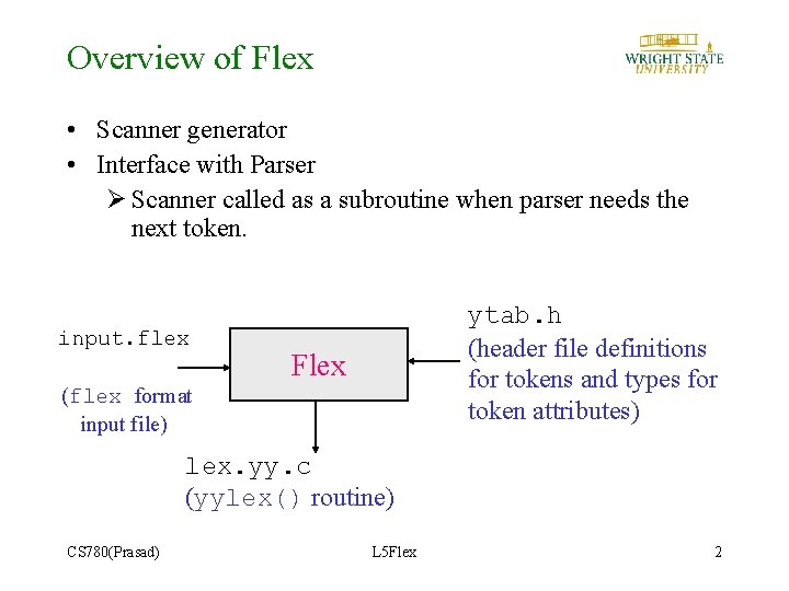 Overview of Flex • Scanner generator • Interface with Parser Ø Scanner called as