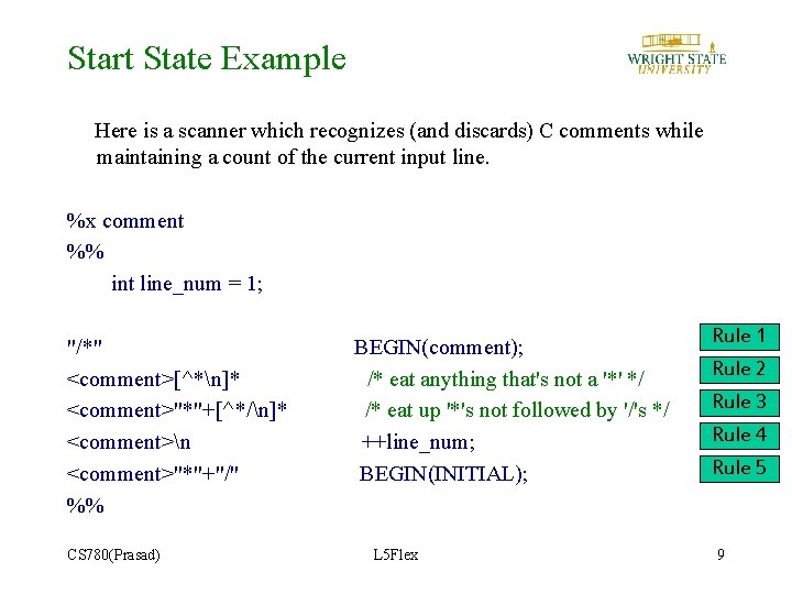 Start State Example Here is a scanner which recognizes (and discards) C comments while