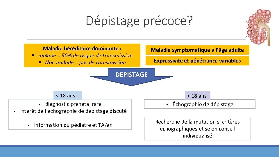 Dépistage précoce? Maladie héréditaire dominante : § malade = 50% de risque de transmission