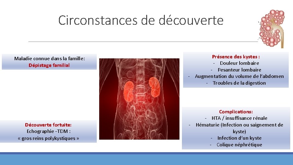 Circonstances de découverte Maladie connue dans la famille: Dépistage familial Découverte fortuite: Echographie –TDM