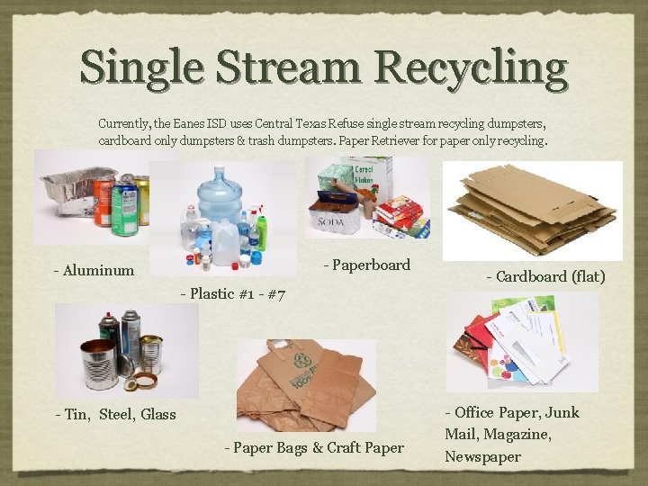 Single Stream Recycling Currently, the Eanes ISD uses Central Texas Refuse single stream recycling
