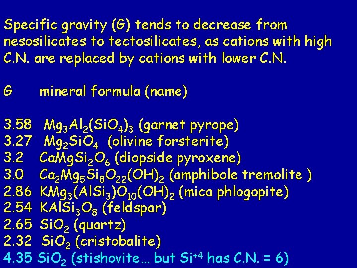 Specific gravity (G) tends to decrease from nesosilicates to tectosilicates, as cations with high