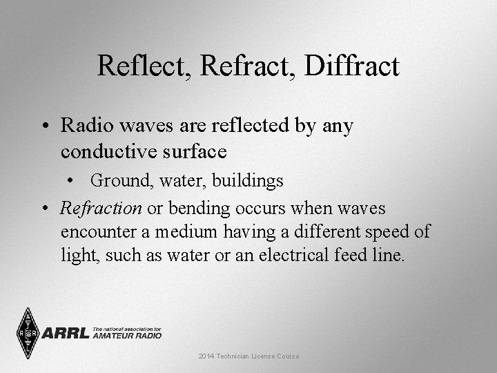 Reflect, Refract, Diffract • Radio waves are reflected by any conductive surface • Ground,