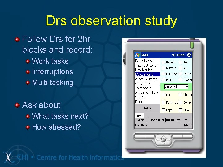 Drs observation study Follow Drs for 2 hr blocks and record: Work tasks Interruptions Drs observation study Follow Drs for 2 hr blocks and record: Work tasks Interruptions