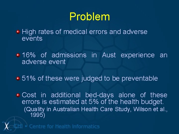 Problem High rates of medical errors and adverse events 16% of admissions in Aust Problem High rates of medical errors and adverse events 16% of admissions in Aust