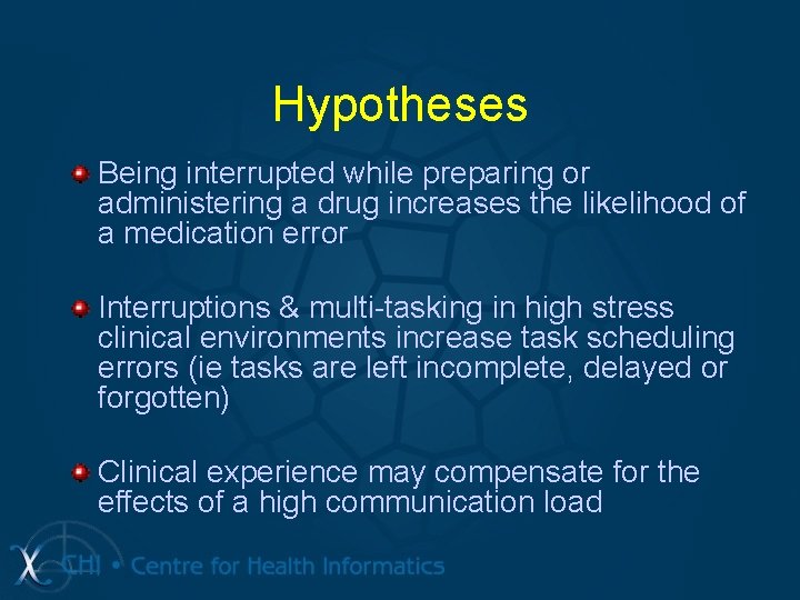 Hypotheses Being interrupted while preparing or administering a drug increases the likelihood of a Hypotheses Being interrupted while preparing or administering a drug increases the likelihood of a