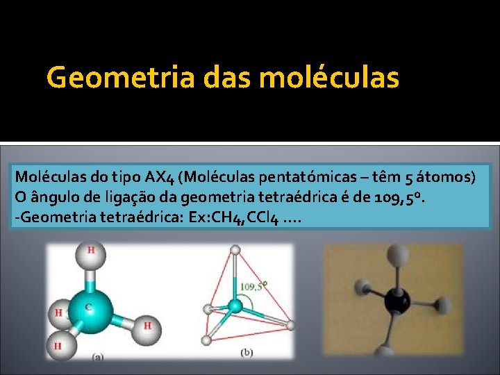 Geometria das moléculas Moléculas do tipo AX 4 (Moléculas pentatómicas – têm 5 átomos)