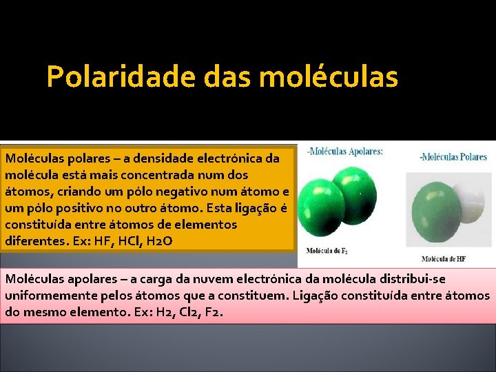 Polaridade das moléculas Moléculas polares – a densidade electrónica da molécula está mais concentrada