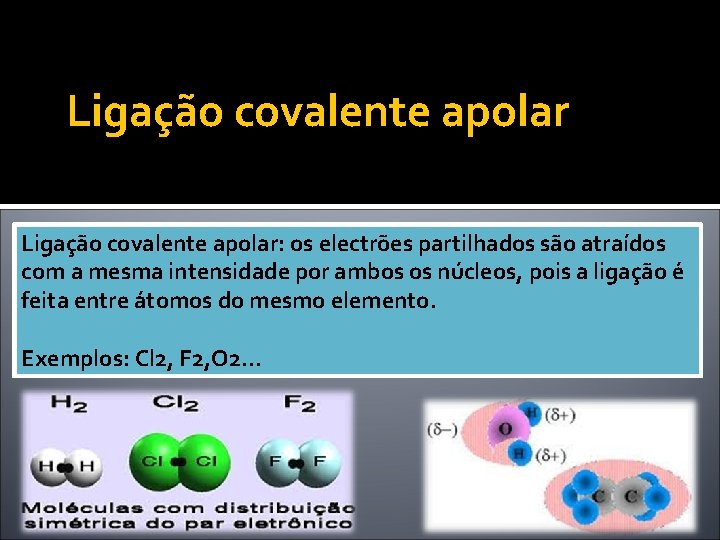 Ligação covalente apolar: os electrões partilhados são atraídos com a mesma intensidade por ambos
